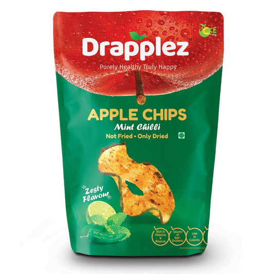 Drapplez apple chips mint chilli flavor snack pouch with dried apple slice and mint lime graphics