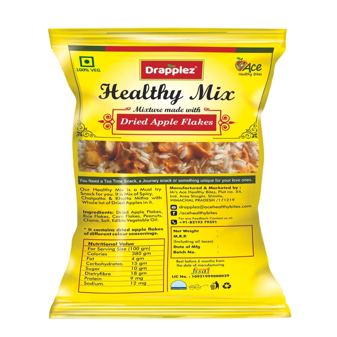 Drapplez Healthy Mix snack pack with dried apple flakes, yellow packaging, nutritional info