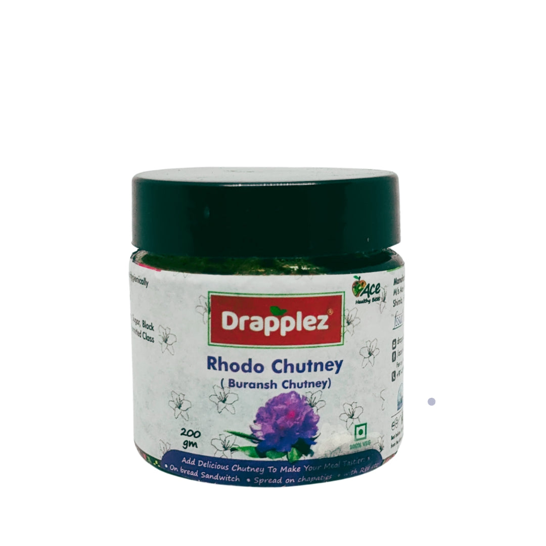 Drapplez Rhodo Chutney 200gm jar with green lid and buransh flower label