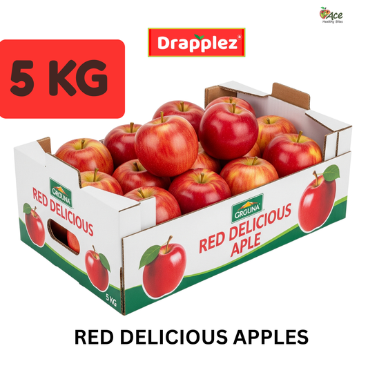 5 kg box of Drapplez Red Delicious apples in white packaging with apples visible