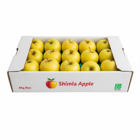 Box of yellow Shimla apples, 3kg packaging, fresh fruit for sale