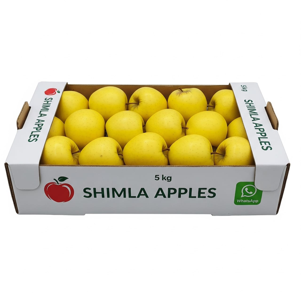 Box of yellow Shimla apples, 5 kg, neatly packed with printed labels and WhatsApp logo
